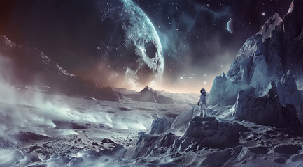 Wall Mural - An astronaut stands on a lunar-like surface gazing at an immense planet rising,ai generated
