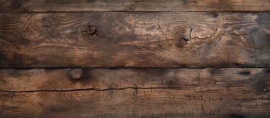 Wall Mural - A close up of a rectangular brown hardwood table with a wood stain pattern, set against a blurred background of brickwork building material