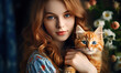 A young woman with wavy copper hair cradles a fluffy orange cat in her arms, surrounded by flowers