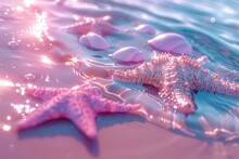 Dreamy Hues  Ocean With Starfish And Shells Pink And Blue Tones