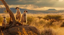 A Family Of Meerkats Standing Guard, Alert And Watchful In The African Desert