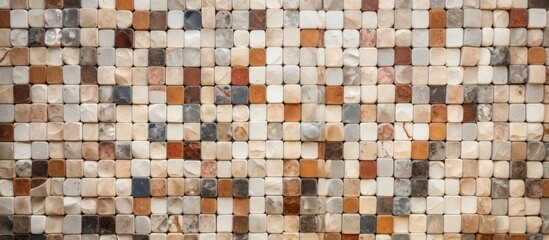 Poster - A detailed shot of a brown and beige mosaic tile wall, resembling textile and wood patterns. The rectangular tiles form an intricate art design, similar to brickwork