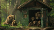 green hut in the forest, the brown bear cubs fell asleep there, and the youngest restlessness bothered the mother bear
