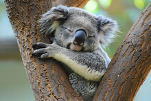A Koala Bear Is Sleeping In A Tree
