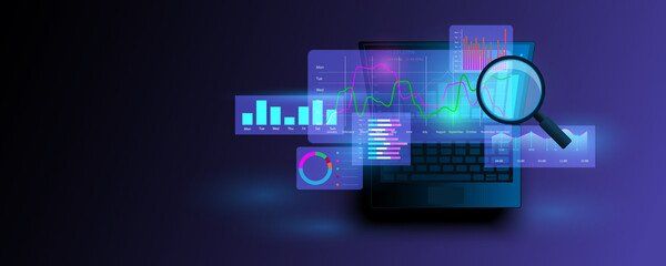 Laptop technology background image, graph concept, data visualization, business, finance, marketing and stocks