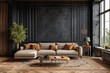 living room with modern interior design for home against the background of a dark classic wall