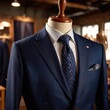 Tailored men's suits modeled on mannequin in tailor shop atelier