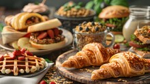 Assorted Breakfast Spread With Croissants, Waffles, And Granola, Delicious.
