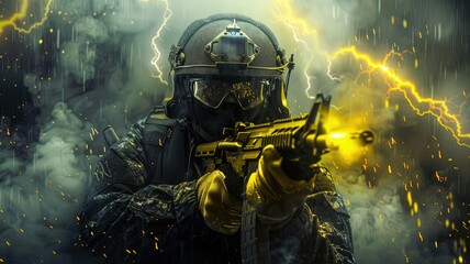 Soldier ready in combat with rifle - A soldier in tactical gear stands amidst a dramatic storm, poised with a rifle, depicting action and readiness