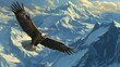 A regal eagle soaring high above snow-capped mountain peaks, scanning the landscape below