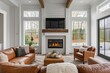 Simple living room in a modern farmhouse with little decoration Brown leather sofa and armchairs with a gas fireplace with a raw edged wooden mantel.