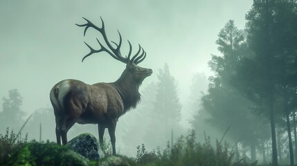 Wall Mural - A regal stag standing proudly amidst a misty forest, antlers reaching towards the sky