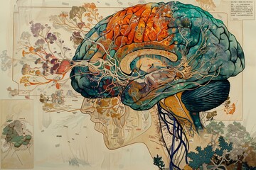 Poster - Drawing of a human head with a tree growing inside, symbolizing the intricate connections between the brain and nature. Generative AI