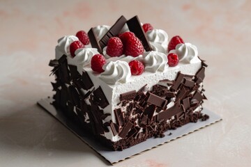 Wall Mural - Cubic black forest cake with cherry on top, Dessert pastry bakery chocolate frosting baking.