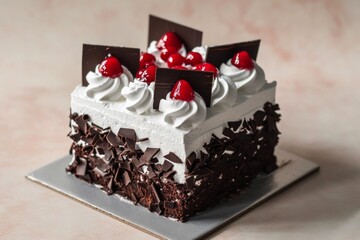 Wall Mural - Cubic black forest cake with cherry on top, Dessert pastry bakery chocolate frosting baking.