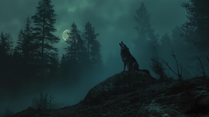 Wall Mural - A solitary wolf howling at the moon in the dead of night, its haunting cry echoing through the forest