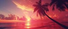Palm Trees Silhouettes On Tropical Beach At Sunset. Generative AI Image