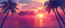 Palm Trees Silhouettes On Tropical Beach At Sunset. Generative AI Image