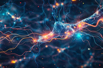 Fototapete - Computer-generated network of lights resembling interconnected neurons firing in a futuristic display. Generative AI