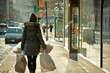 A woman walking down a street while carrying bags, possibly after shopping or running errands. Generative AI
