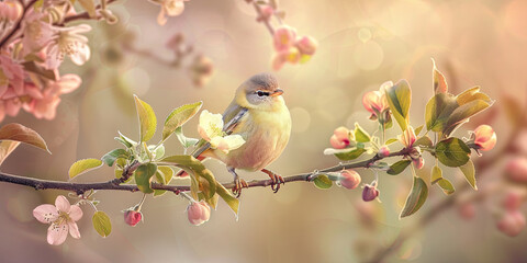 Wall Mural - beautiful little bird sits on the branch, generative AI