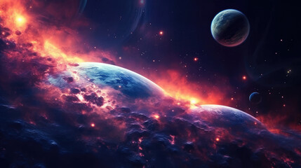 Wall Mural - Galaxies Adorned with Bright Stars and Orbiting Planets