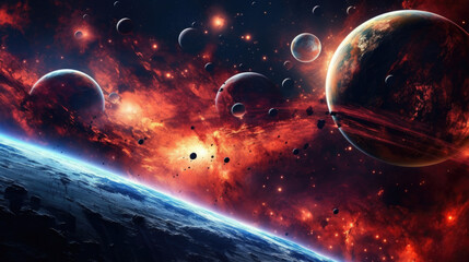 Wall Mural - Galaxies Adorned with Bright Stars and Orbiting Planets