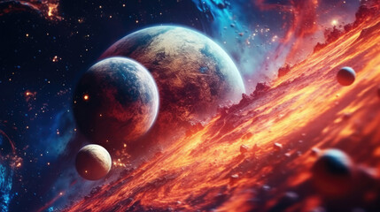 Wall Mural - Galaxies Adorned with Bright Stars and Orbiting Planets