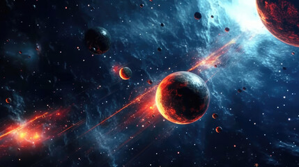 Wall Mural - Galaxies Adorned with Bright Stars and Orbiting Planets