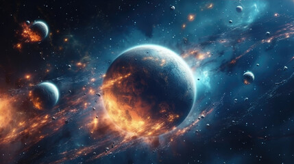 Wall Mural - Galaxies Adorned with Bright Stars and Orbiting Planets