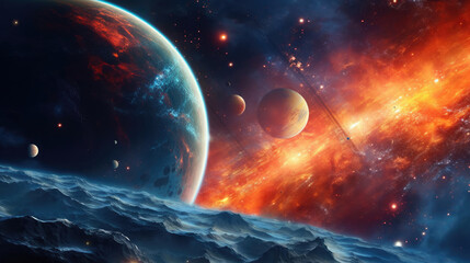 Wall Mural - Galaxies Adorned with Bright Stars and Orbiting Planets