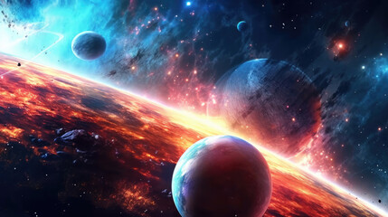 Wall Mural - Galaxies Adorned with Bright Stars and Orbiting Planets