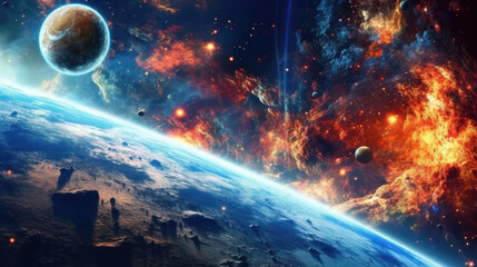 Wall Mural - Galaxies Adorned with Bright Stars and Orbiting Planets