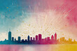 City sky abstract art. Starburst in yellow, white, pink, and blue. Risograph print vintage texture background.