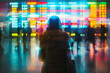 A traveler with a backpack looking for departure and arrival information board at the airport with background of long exposure people walking.