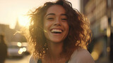 Fototapeta Londyn - Smiling Young Woman Enjoying City Morning