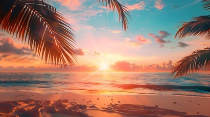 Sticker - Tranquil Sunset Over Ocean Beach - Idyllic Tropical Paradise for Summer Vacation