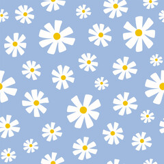 Poster - Seamless pattern with white groovy daisy flowers on blue background. Vector illustration.