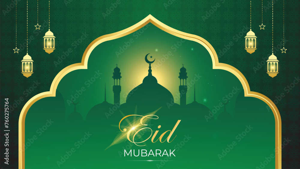 Elegant eid mubarak islamic background green with mosque silhouette and ...