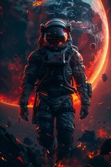 astronaut walking front planet red light digital firestorm insanely volcanic stars space