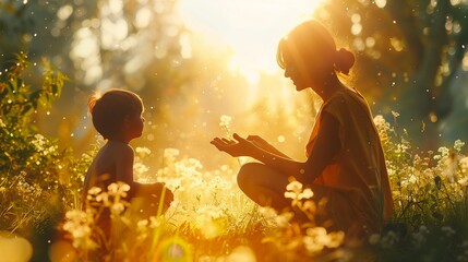 woman child sitting grass beams sunlight gorgeous buttercups open hand particles air storybook layout humanized hcl children nature mother appeasing