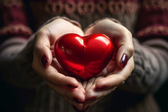 Woman holding red heart in hands. Love, help, social responsibility, donation, charity, volunteering, gratitude, appreciate, giving tuesday, world heart day, Generative AI 