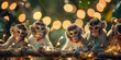 Close up view of Group of drunken monkeys With sharpness with bokeh blurred lights background