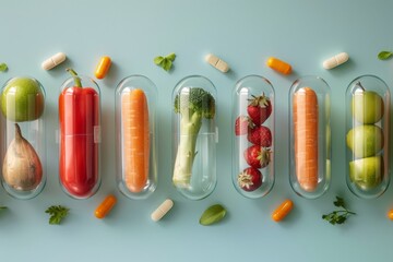 Poster - vegetables and fruits in capsule of medicine, vitamins from natural, healthy food, supplement