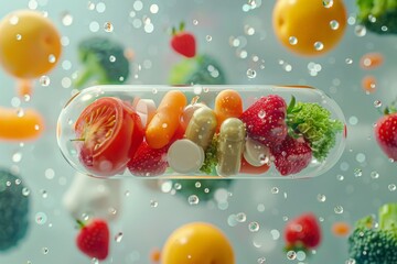 Poster - vegetables and fruits in capsule of medicine, vitamins from natural, healthy food, supplement