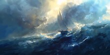 Sailboat Stormy Ocean Sun Shining Clouds Breathtaking Wave Bright Standing Maelstrom Ships Sails Underneath Swirling Liquids