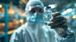 A scientist in protective gear holding a vaccine ampule in a laboratory with a blurred background. Healthcare and medicine concept. Generative AI