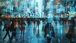Dense crowd of people in a busy cityscape - A bustling urban scene captures a dense crowd of anonymous city dwellers amidst the bright city lights and neon signs
