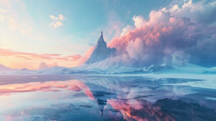 Poster - Majestic Mountain Reflection in Serene Lake - A tranquil scene with a sharp mountain peak reflecting in a still lake under a dreamy sky filled with pastel clouds