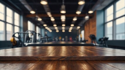 Empty wooden table with beautiful fitness background, photorealistic